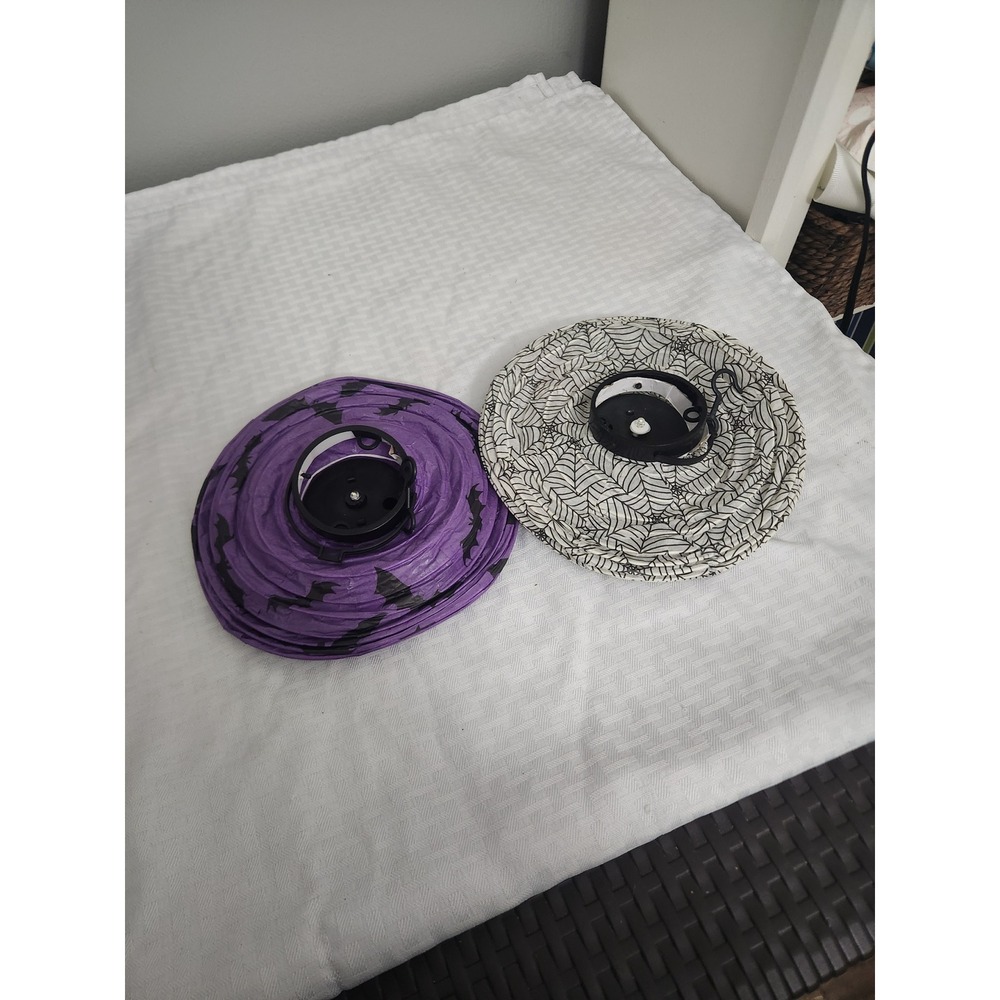 Halloween Paper Lanterns Set of 2 Purple Bat White Spiderweb LED Hanging Decor